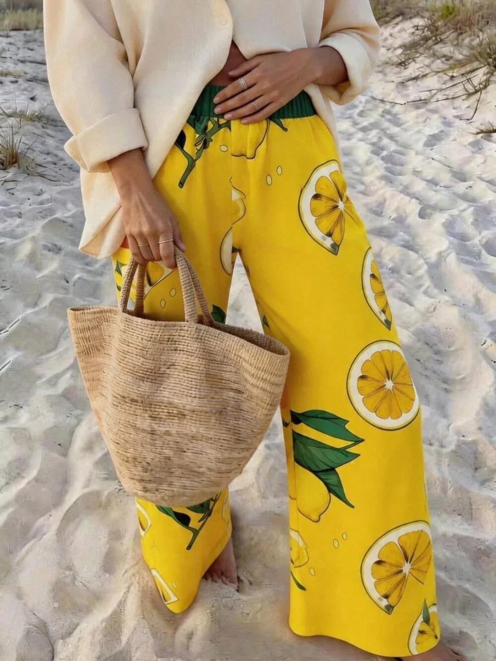 Yellow Casual Women's Lemon Print Pants